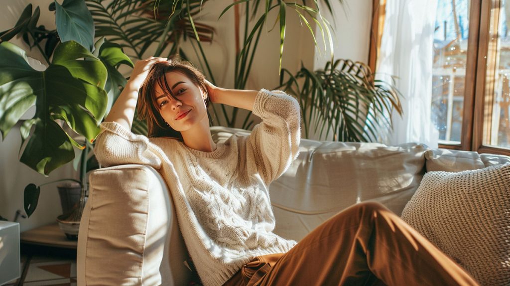 Entspannte Frau in gemütlicher Atmosphäre