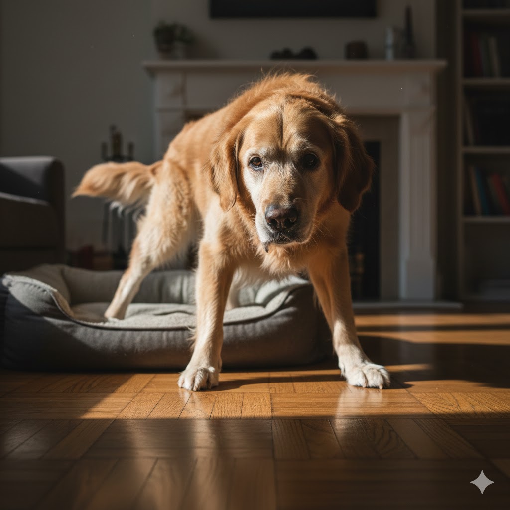 Seniorenhunde unterstützen: Lebensqualität im Alter mit CBD (2026) Alter Hund hat Probleme beim Aufstehen auf Parkettboden