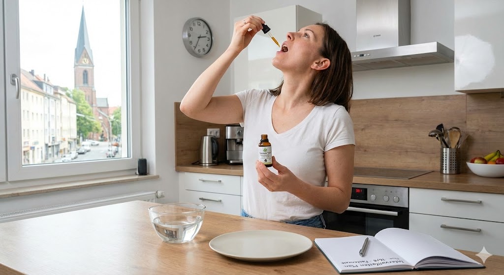 CBD Öl & Intervallfasten: Bricht es das Fasten? (Update 2026) CBD Öl Tropfen Einnahme unter die Zunge während Intervallfasten Deutschland.