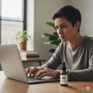 Ein Erwachsener arbeitet konzentriert am Laptop, neben ihm steht eine kleine Flasche CBD Öl