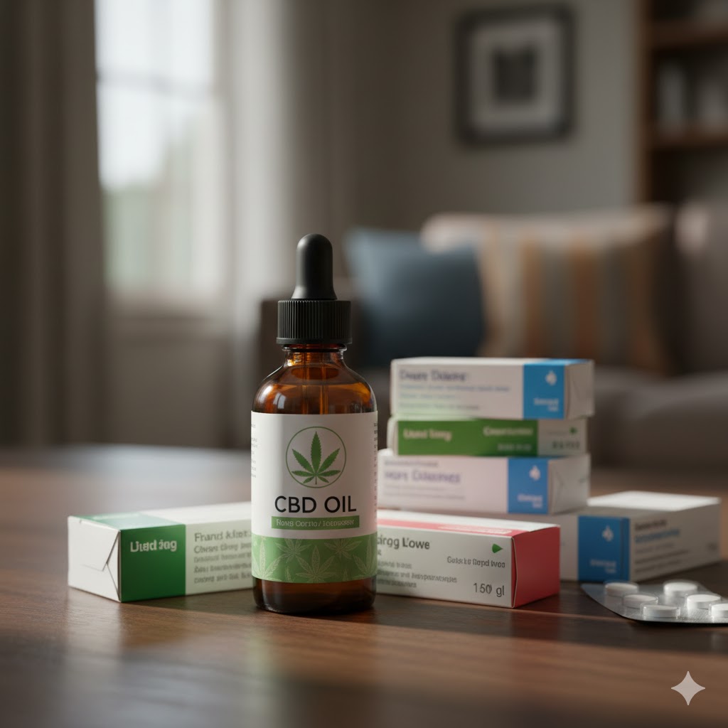 Ein Stapel Medikamentenpackungen neben einer Flasche CBD Öl.