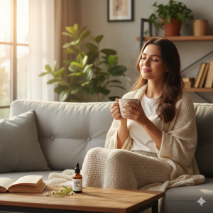 Eine junge Frau entspannt mit einer Tasse Tee und einer Flasche CBD Öl