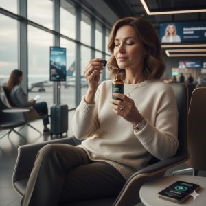 Entspannte Frau am Flughafen nutzt CBD Öl gegen Flugangst 2026
