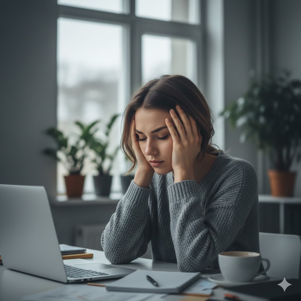 Burnout-Prävention im Alltag: Hilfe durch CBD Öl bei Stress? (2026) Erschöpfte Frau im Home-Office hält sich den Kopf – Burnout Anzeichen erkennen