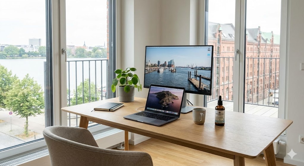Modernes Homeoffice in Hamburg mit CBD Tropfen auf dem Schreibtisch.