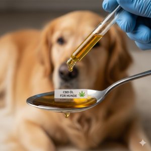 Cannadoca Online Shop - Premium CBD Produkte kaufen Nahaufnahme CBD Öl Tropfen für Hunde auf einem Löffel