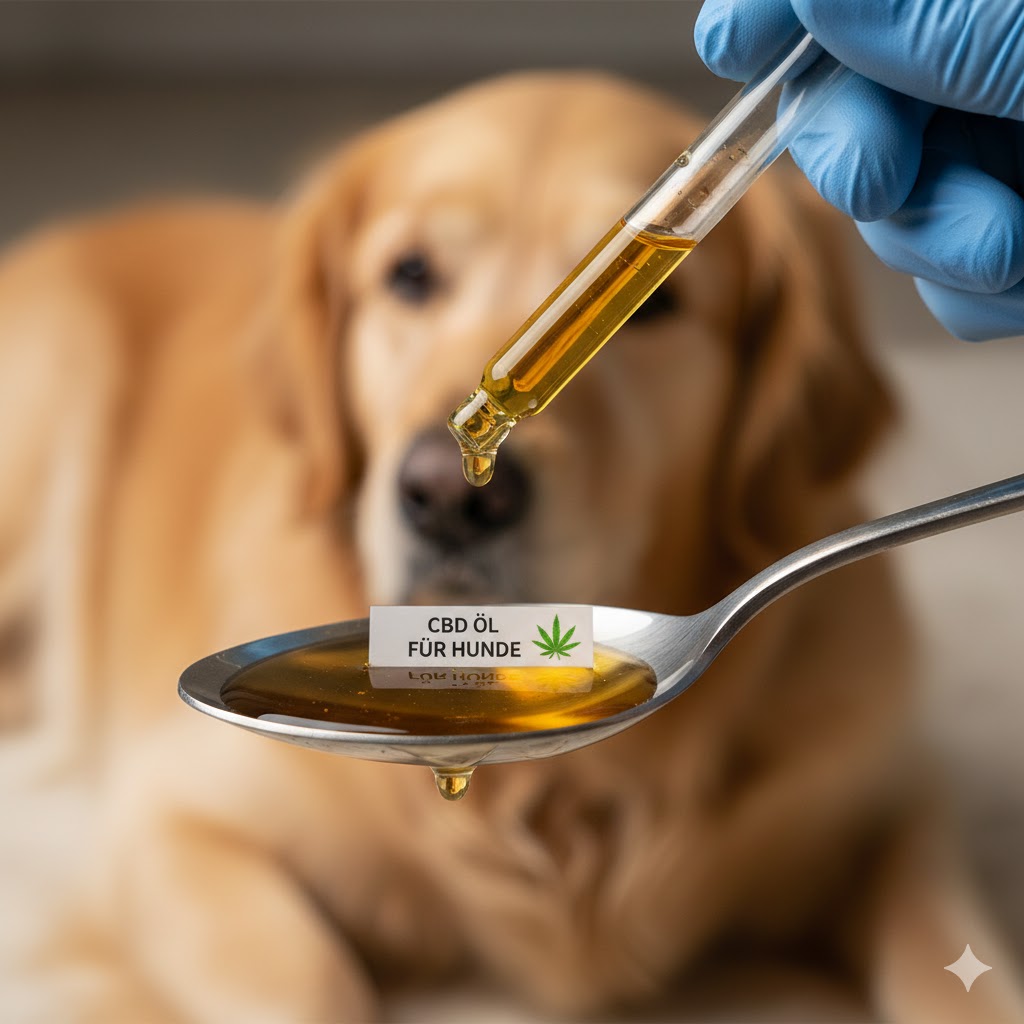 CBD Öl bei Epilepsie beim Hund: Studien & Tipps zur Linderung (2026) Nahaufnahme CBD Öl Tropfen für Hunde auf einem Löffel