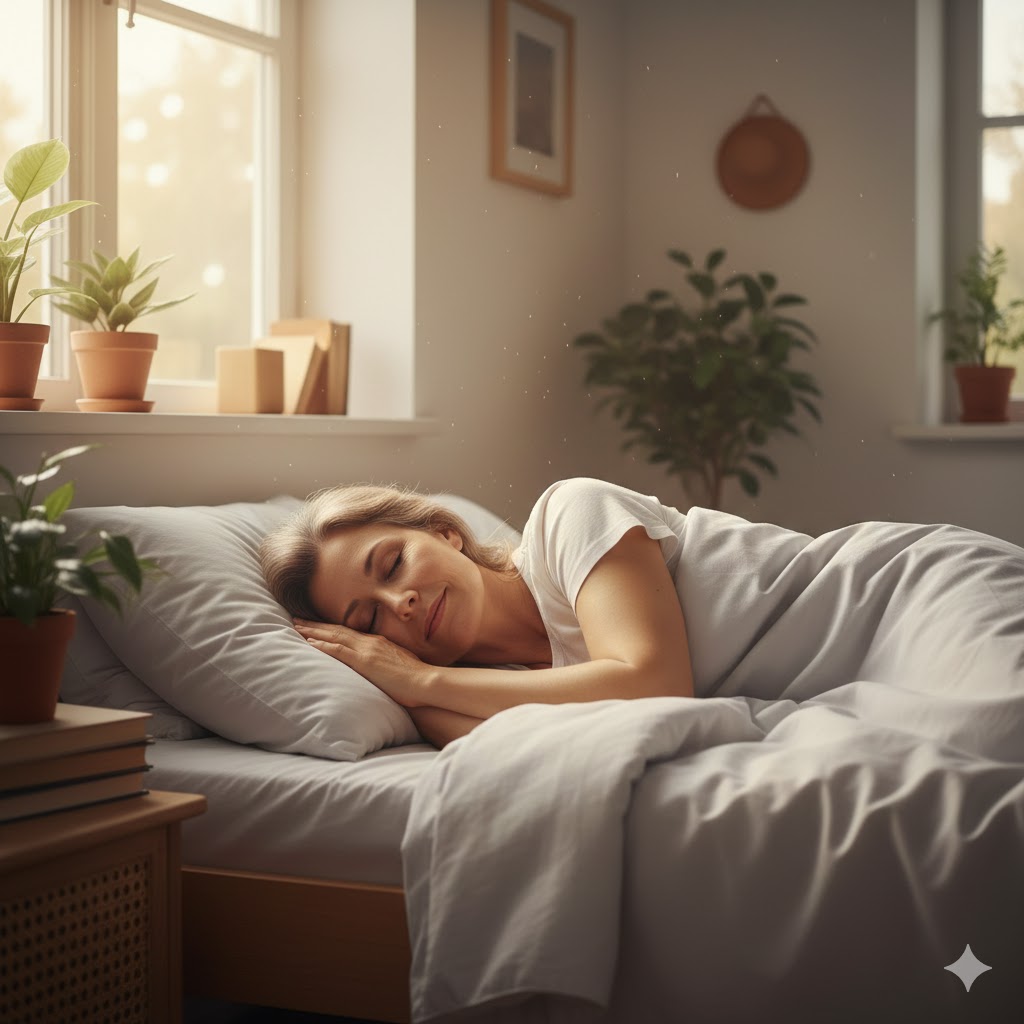 CBD Öl in den Wechseljahren: Hilfe bei Hitzewallungen & Schlaf Symbolbild für Schlafstörungen Menopause: Frau schläft friedlich im Bett.