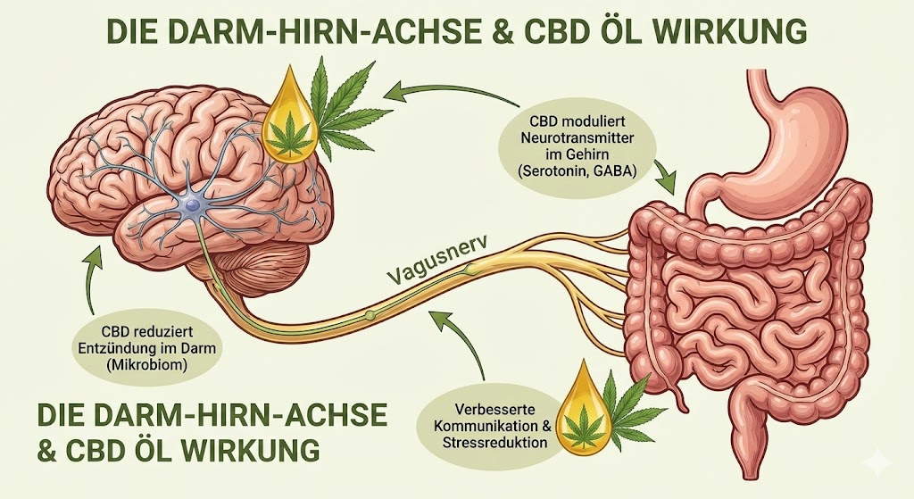 Illustration der Darm-Hirn-Achse und die Wirkung von CBD Öl auf die Verbindung