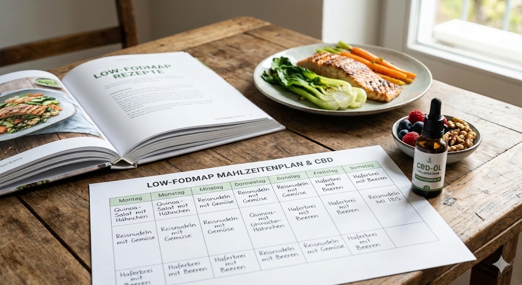 Low-FODMAP Mahlzeitenplan mit einer Flasche CBD Öl zur Unterstützung